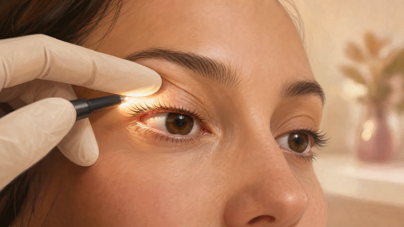 Médica examina cuidadosamente a margem palpebral e a linha dos cílios.