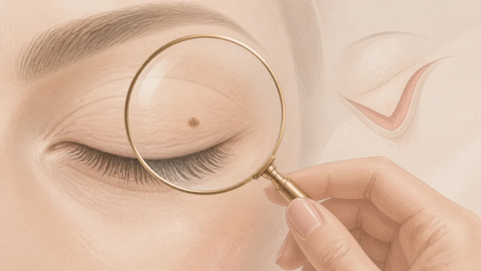Ilustração de avaliação cuidadosa de pequena alteração na pálpebra com lente de aumento, em São Luís.