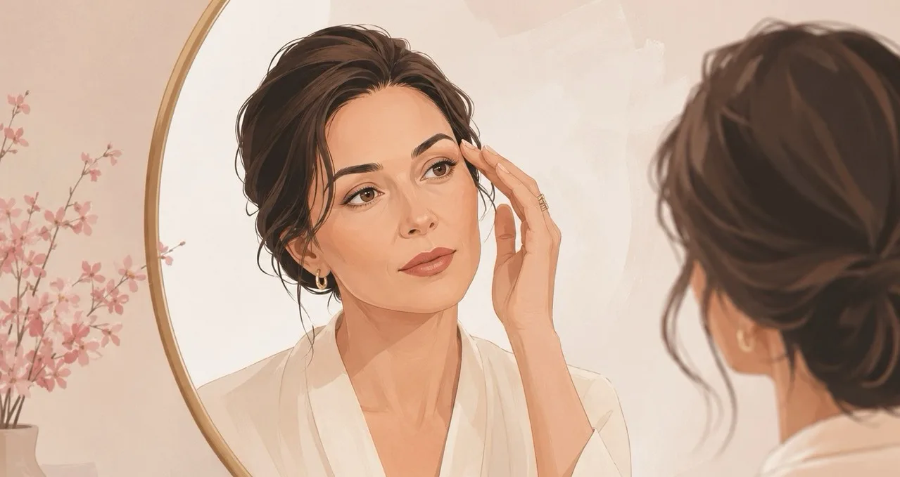 Mulher observa a região dos olhos no espelho antes de considerar uma blefaroplastia.