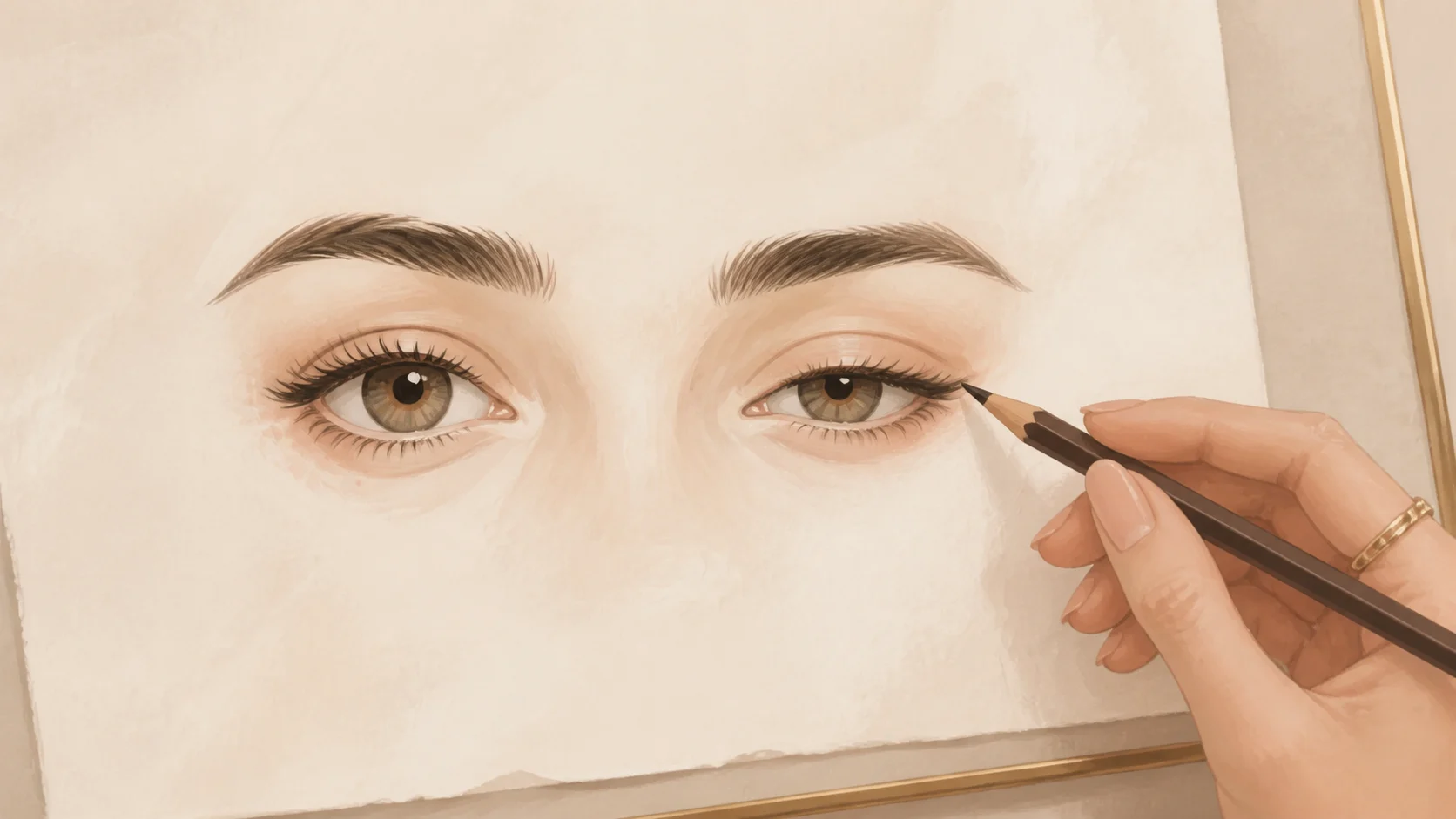 Ilustração editorial de uma mão desenhando dois olhos com pequenas diferenças de abertura em uma folha clara.