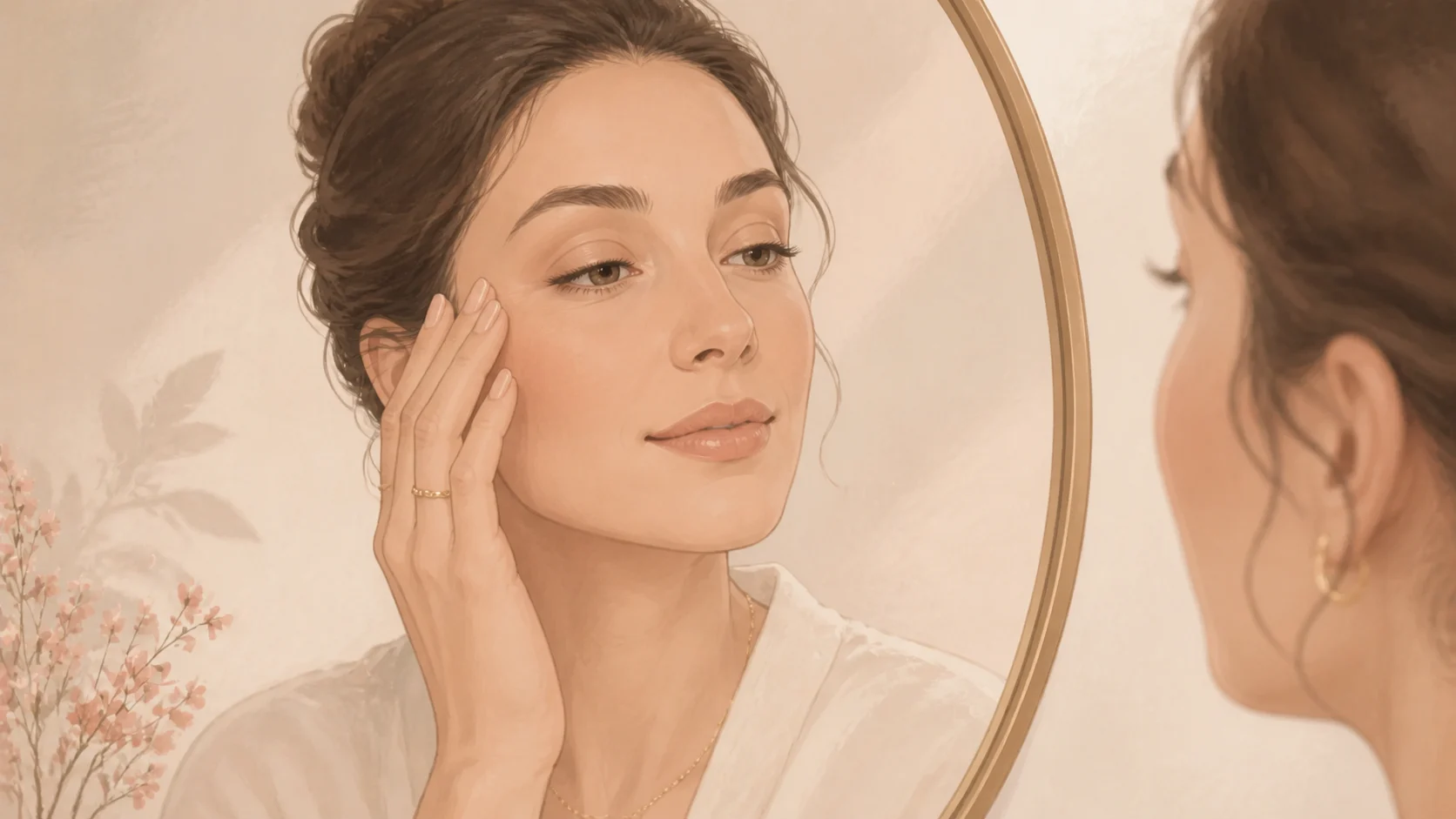 Ilustração editorial de uma mulher observando o próprio olhar diante do espelho.