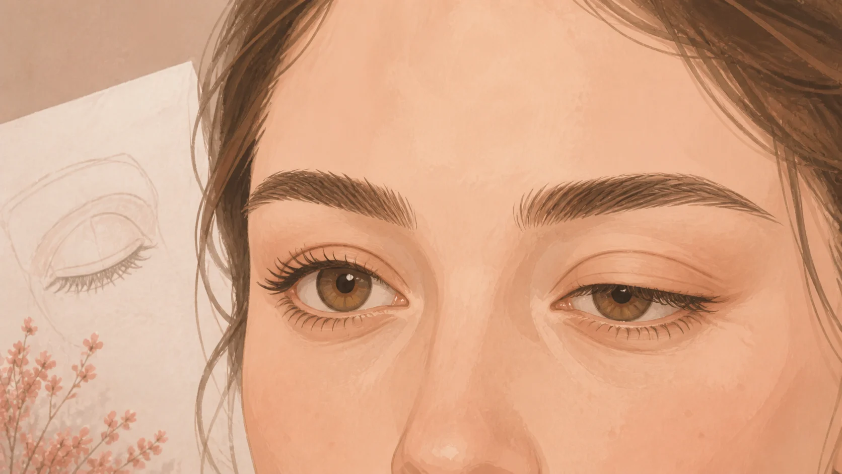 Ilustração editorial de olhos com uma pálpebra superior mais baixa que a outra.
