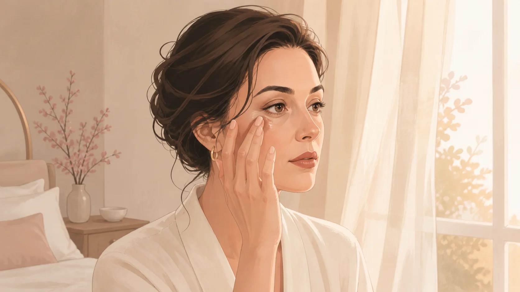 Ilustração editorial de uma mulher observando a região abaixo dos olhos à luz da manhã.