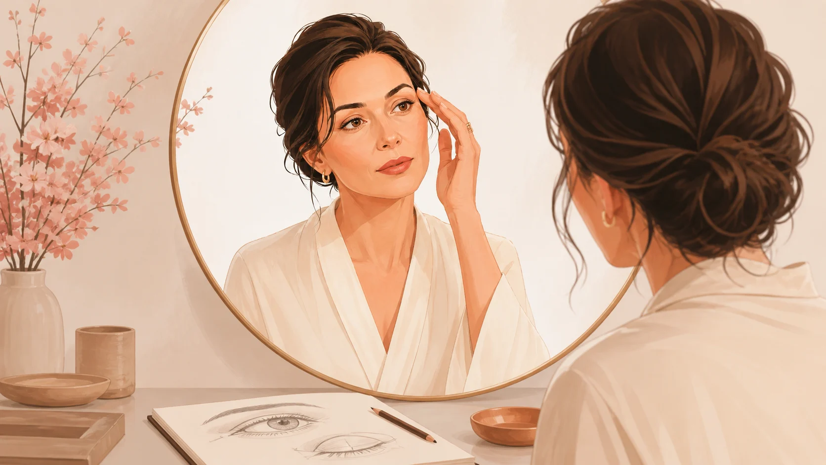 Ilustração editorial de uma mulher diante do espelho com um desenho sutil de abertura palpebral.