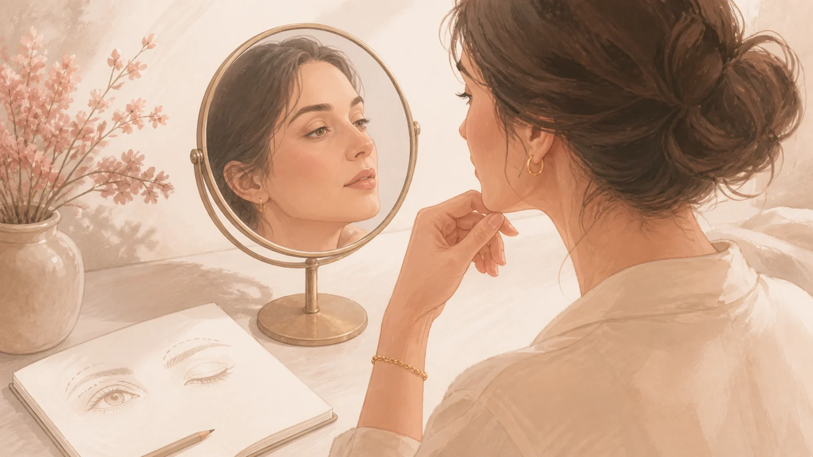 Ilustração editorial de uma mulher observando o reflexo enquanto um desenho de pálpebra está sobre a mesa.
