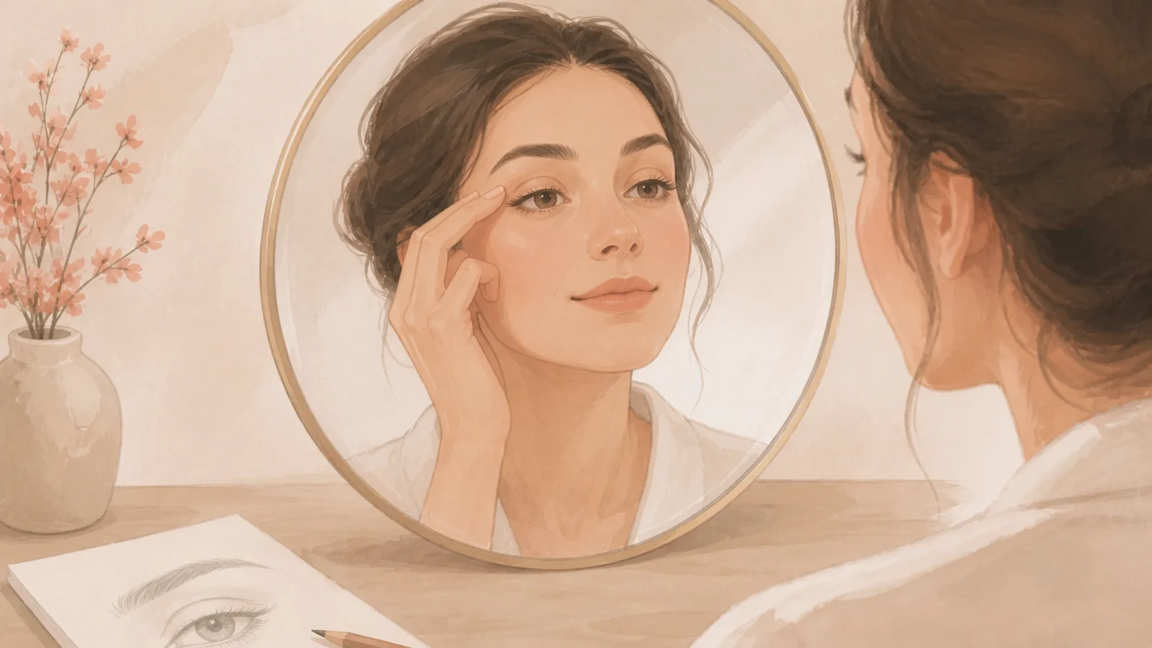 Ilustração editorial de uma mulher diante do espelho com atenção à abertura dos olhos.