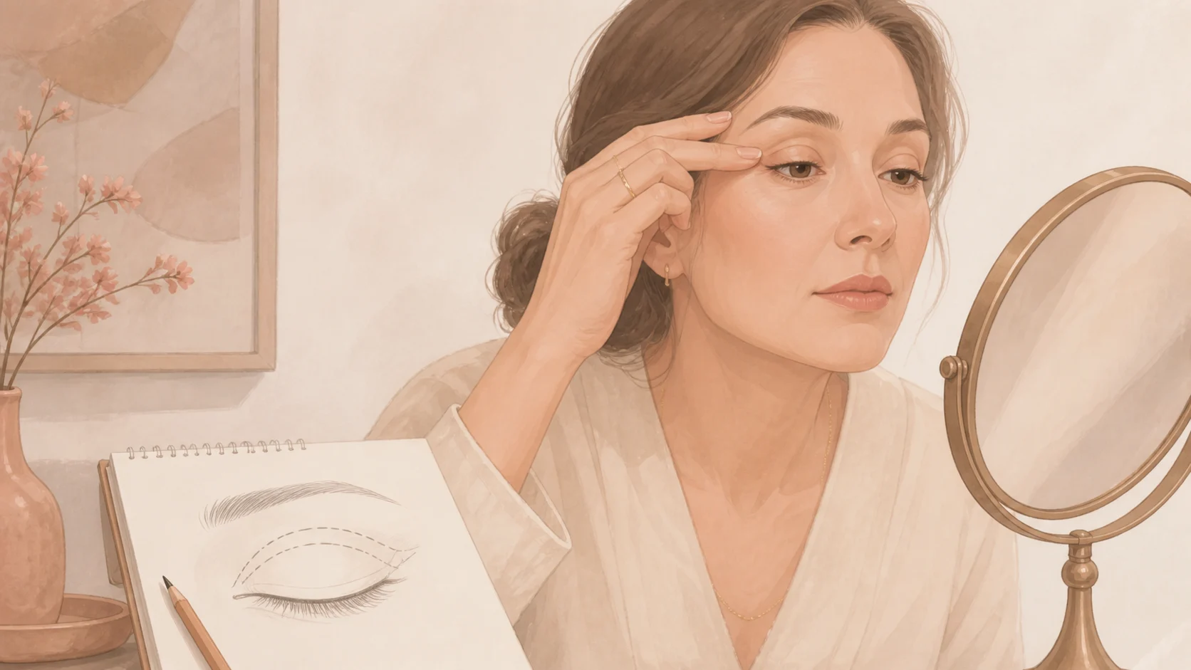 Ilustração editorial de uma mulher examinando a pálpebra superior diante do espelho.