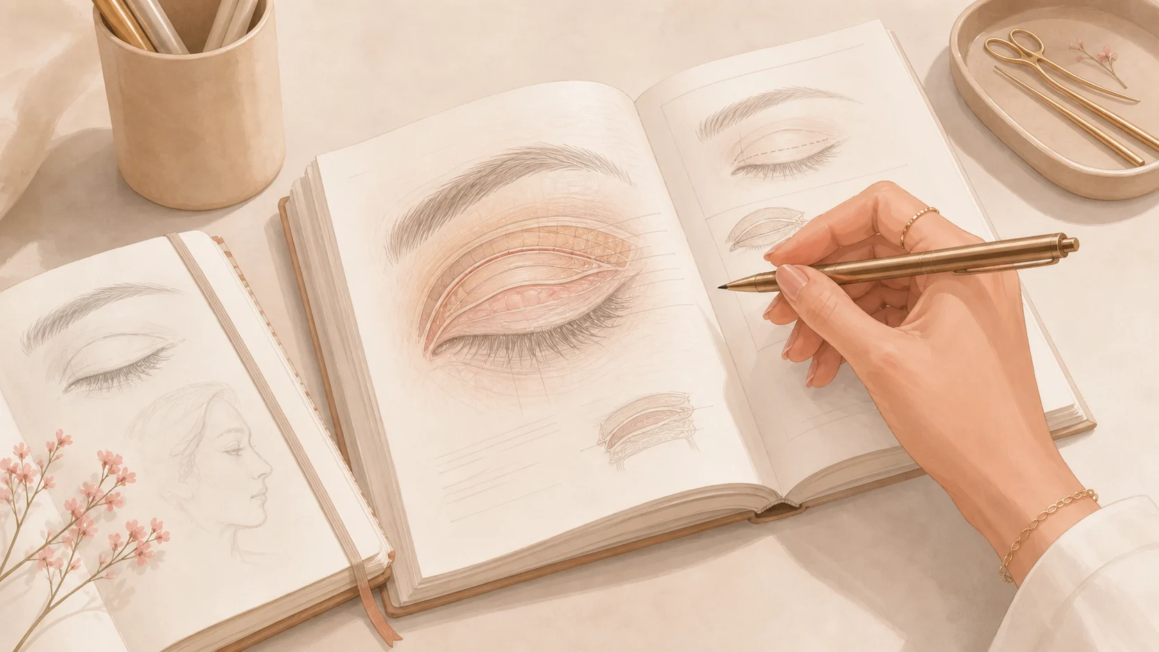 Ilustração editorial de uma mão estudando um livro médico ao lado de um desenho de pálpebra.