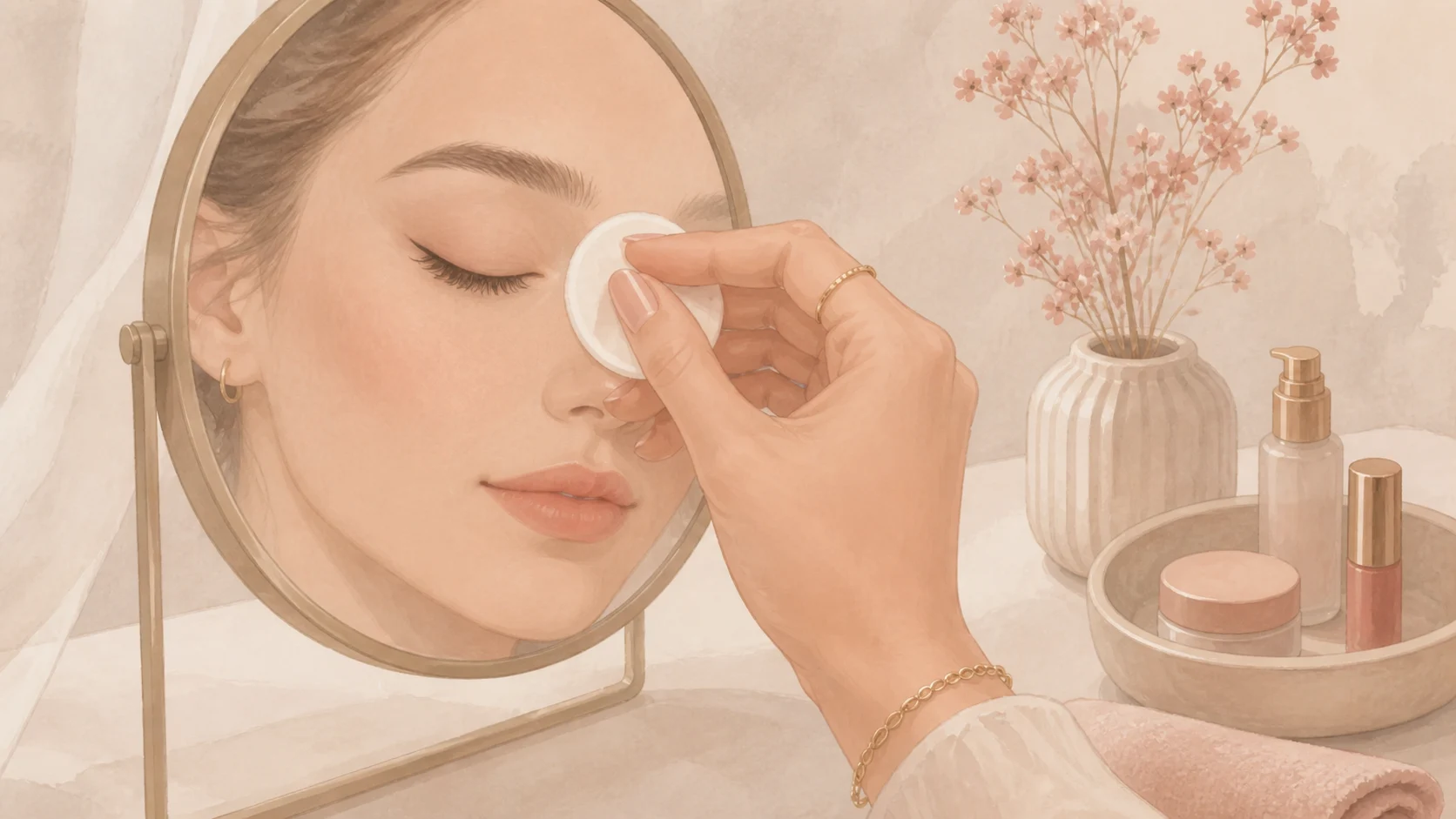 Ilustração editorial de uma mão removendo maquiagem dos olhos com um algodão diante do espelho.