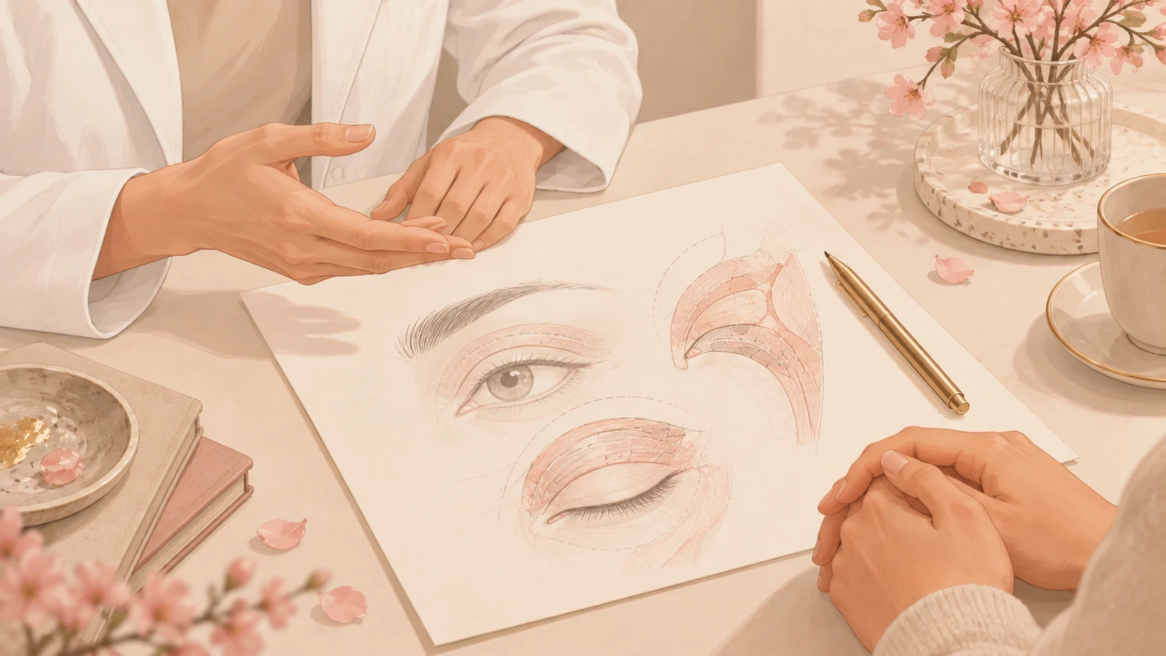 Mesa de consulta médica com planejamento desenhado da anatomia dos olhos e caneta dourada