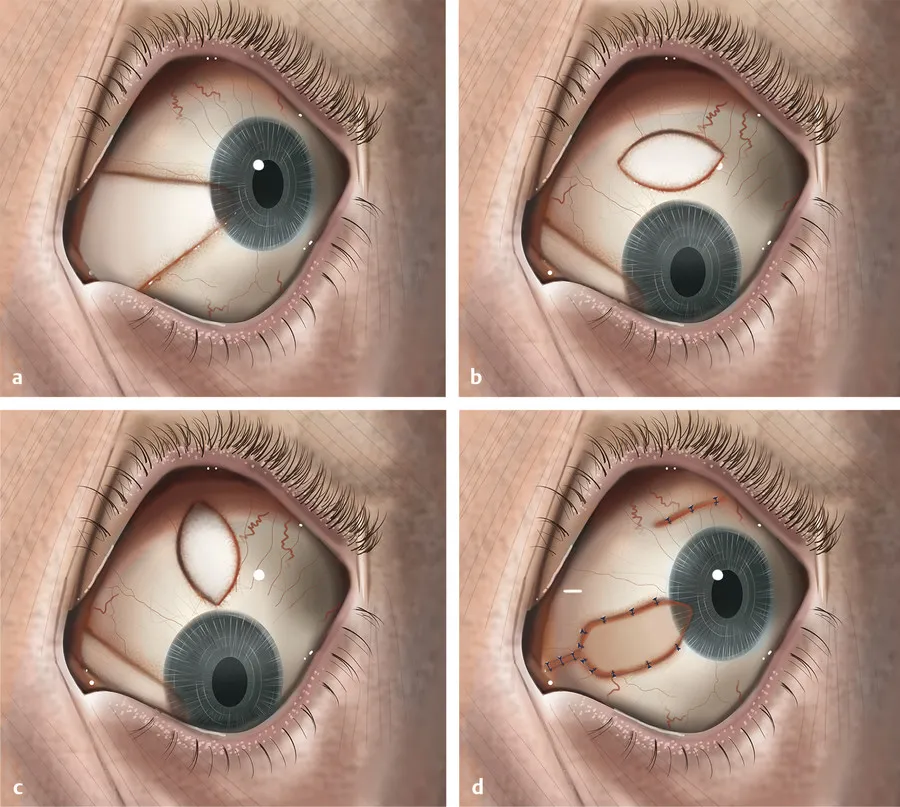 Etapas cirúrgicas da remoção de pterígio com transplante conjuntival autólogo