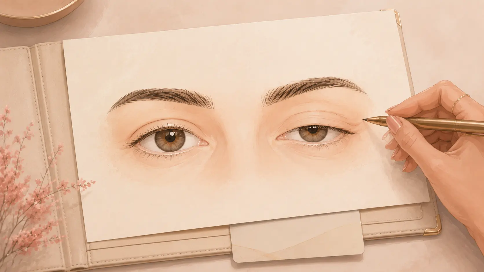 Estudo ilustrado compara um olho normal e outro com ptose palpebral.