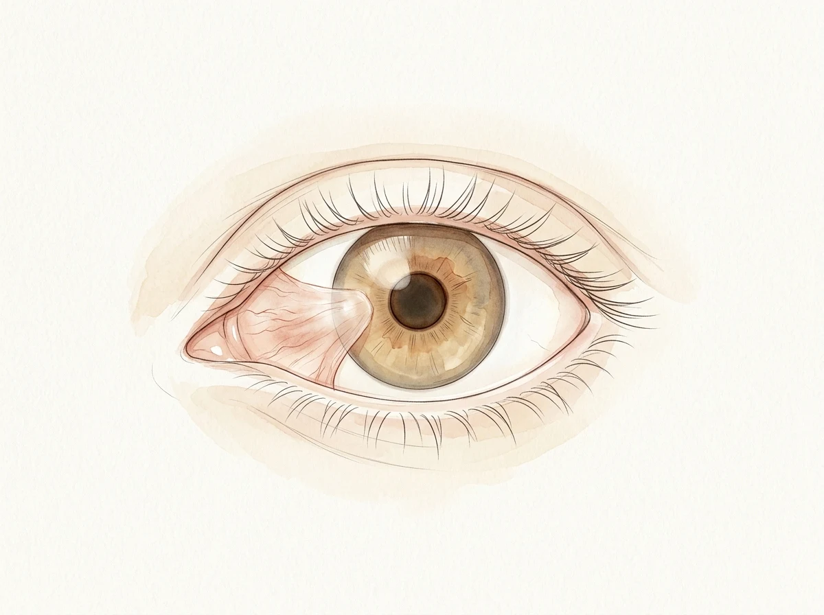 Ilustração médica do pterígio avançando da conjuntiva nasal sobre a córnea