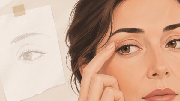 Ilustração editorial de uma mulher apontando para um pequeno caroço na pálpebra, ao lado de um desenho de olho.