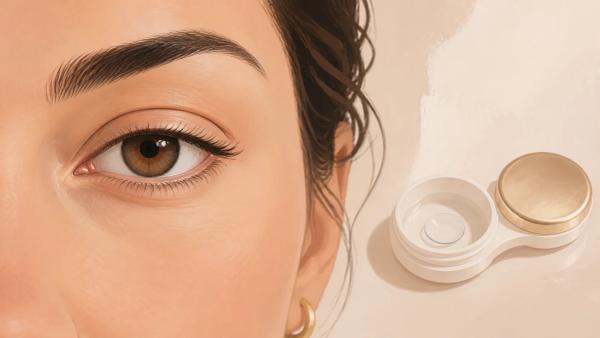 Ilustração editorial de um olho ao lado de um estojo aberto com uma lente de contato.