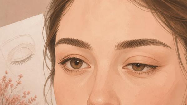 Ilustração editorial de olhos com uma pálpebra superior mais baixa que a outra.