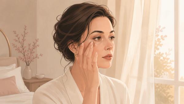 Ilustração editorial de uma mulher observando a região abaixo dos olhos à luz da manhã.