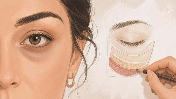 Ilustração editorial de um olho e de um esquema delicado da região abaixo da pálpebra.