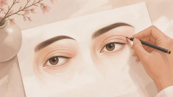Ilustração editorial de uma folha com desenhos de pálpebras e uma mão marcando seus contornos.