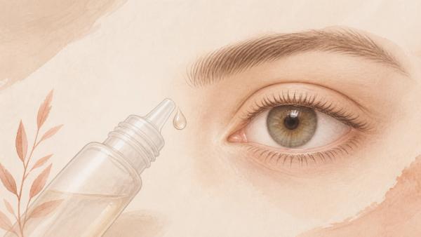 Ilustração editorial de um olho ao lado de um frasco conta-gotas sem rótulo.