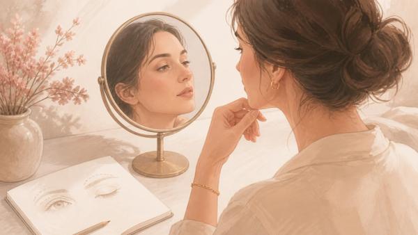 Ilustração editorial de uma mulher observando o reflexo enquanto um desenho de pálpebra está sobre a mesa.