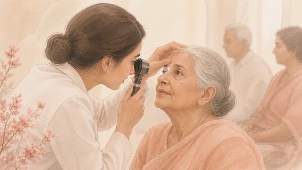 Ilustração editorial de uma profissional examinando os olhos de uma mulher idosa em uma ação de saúde.