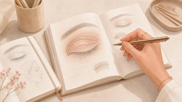 Ilustração editorial de uma mão estudando um livro médico ao lado de um desenho de pálpebra.