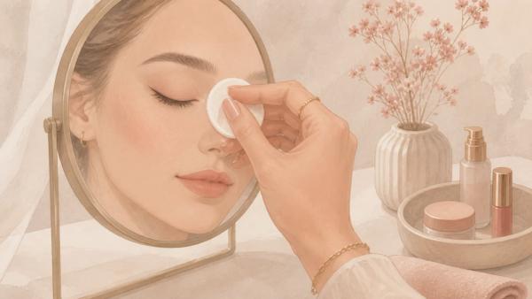 Ilustração editorial de uma mão removendo maquiagem dos olhos com um algodão diante do espelho.