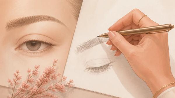 Ilustração editorial de uma mão desenhando o contorno da sobrancelha e da pálpebra.