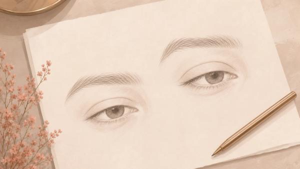 Ilustração editorial de dois desenhos de olhos comparando ptose e excesso de pele na pálpebra.