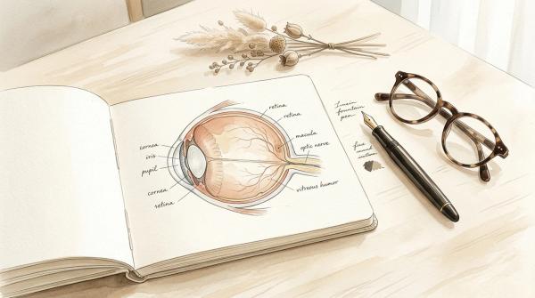 Ilustração editorial de um caderno de aula com desenho anatômico do olho, óculos e caneta sobre uma mesa clara.