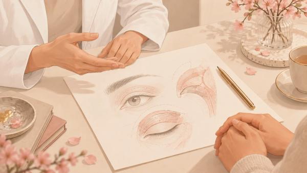 Mesa de consulta médica com planejamento desenhado da anatomia dos olhos e caneta dourada